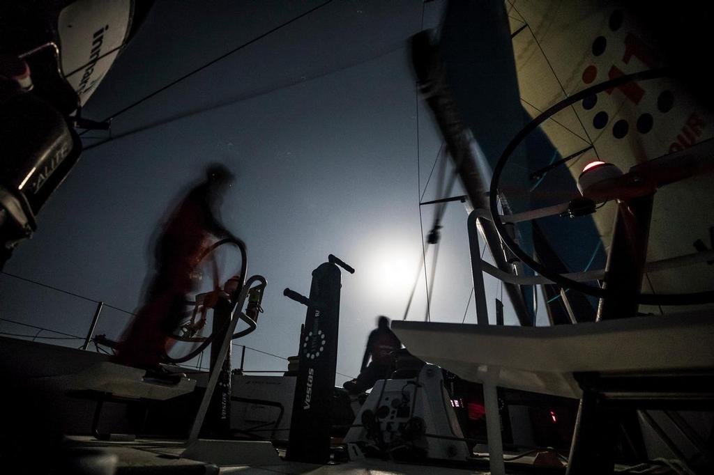 Prologue on-board Vestas 11th Hour. Night, light breeze. Photo by Martin Keruzore/Volvo Ocean Race. 08 October, 2017 photo copyright Volvo Ocean Race http://www.volvooceanrace.com taken at  and featuring the  class