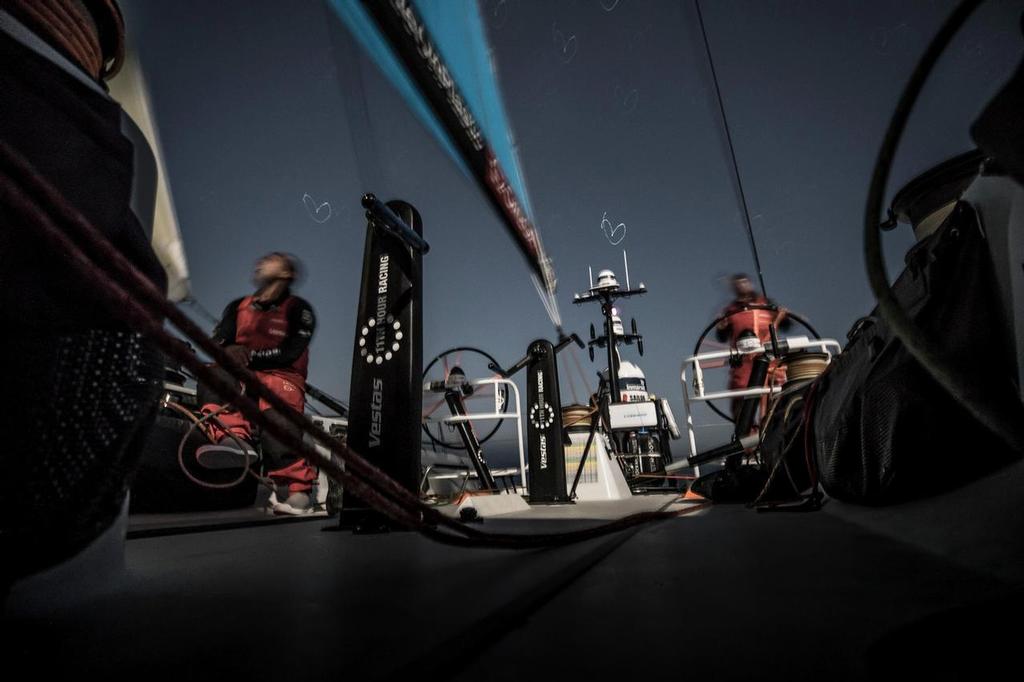 Prologue on-board Vestas 11th Hour. Night, light breeze. Photo by Martin Keruzore/Volvo Ocean Race. 08 October, 2017 photo copyright Volvo Ocean Race http://www.volvooceanrace.com taken at  and featuring the  class