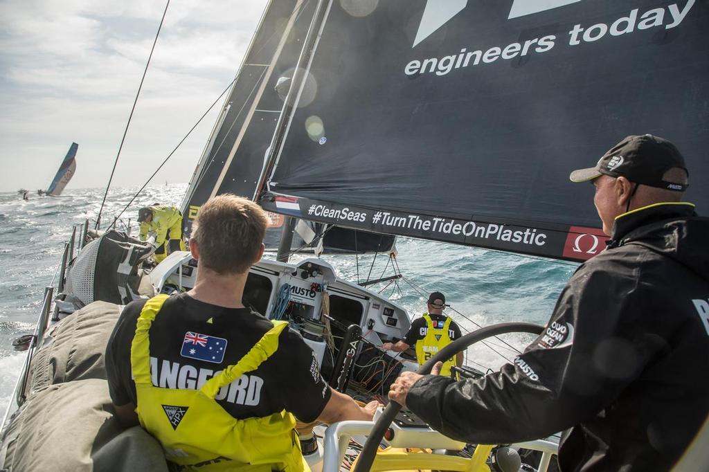 Leg 01, Alicante to Lisbon, start on board Brunel. Wet and windy start in Alicante. Photo by Martin Keruzore/Volvo Ocean Race. 22 October, 2017 ©  Martin Keruzore / Volvo Ocean Race