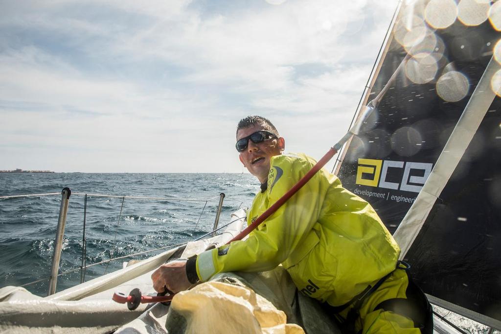 Leg 01, Alicante to Lisbon, start on board Brunel. Wet and windy start in Alicante. Photo by Martin Keruzore/Volvo Ocean Race. 22 October, 2017 ©  Martin Keruzore / Volvo Ocean Race