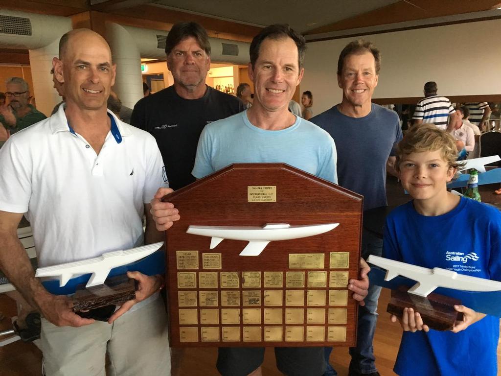 11-year-old Mitchell - as the team was 35kg under they picked up a local to take on board. Ray Smith (boat owner), Alan Smith and Dave Clark, with Mike Hughes as coach, and young Mitch. - 2017 Etchells Queensland State Championship photo copyright Kylie Wilson / positiveimage.com.au taken at  and featuring the  class