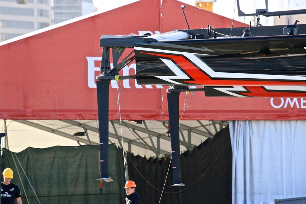 Close up of Emirates Team New Zealand's "gantry rudder" which effectively extended the length of their AC45S to give similar geometry to an AC50 and gave them six montghs more development time on a near full size AC50 photo copyright Richard Gladwell www.photosport.co.nz taken at  and featuring the  class