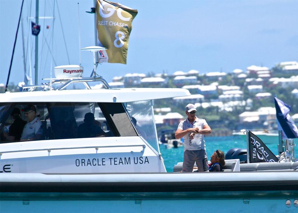 Oracle Team USA's Larry Ellison sets watch ahead of a race start in the America's Cup Match - photo © Richard Gladwell www.photosport.co.nz