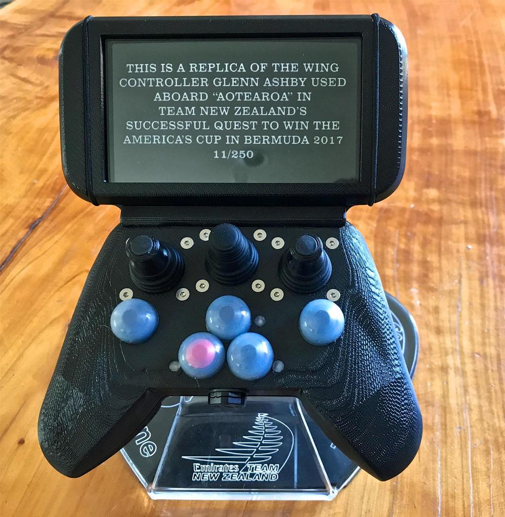 Mounted replica of the ``X-Box`` controller used by wingsail trimmer Glenn Ashby on Emirates Team New Zealand. Built by ETNZ Electronics Engineer Barry Heathwaite. - photo © Barry Heathwaite