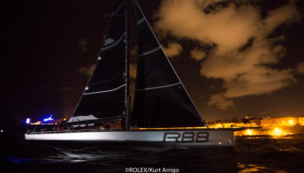 Rambler 88 at the finish line at the Royal Malta Yacht Club - Rolex Middle Sea Race 2017 ©  Rolex/ Kurt Arrigo http://www.regattanews.com