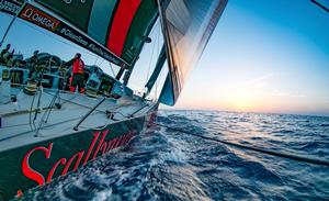 Leg 1, Day 4 – Alicante to Lisbon, sunset onboard Sun Hung Kai/Scallywag. Happy days – Volvo Ocean Race photo copyright  Jeremie Lecaudey / Volvo Ocean Race taken at  and featuring the  class