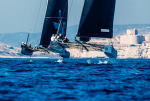 Jason Carroll's Argo leads Naofumi Kamei 's Mamma Aiuto! – Marseille One Design photo copyright  Jesus Renedo / GC32 Racing Tour taken at  and featuring the  class