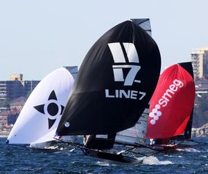 Race 4 – Action on the run down the middle of the harbour – 18ft Skiffs Spring Championship photo copyright  Frank Quealey / Australian 18 Footers League taken at  and featuring the  class