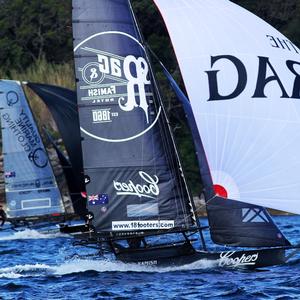 Race 4 – Coopers-Rag and Famish Hotel on the tight run into Rose Bay – 18ft Skiffs Spring Championship photo copyright  Frank Quealey / Australian 18 Footers League taken at  and featuring the  class
