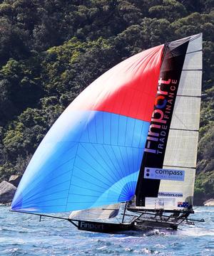 Race 4 – Finport Trade Finance in action on the second spinnaker run – 18ft Skiffs Spring Championship photo copyright  Frank Quealey / Australian 18 Footers League taken at  and featuring the  class