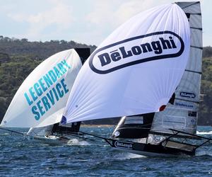 Race 4 – Today's winner De'Longhi in close action on the first spinnaker run – 18ft Skiffs Spring Championship photo copyright  Frank Quealey / Australian 18 Footers League taken at  and featuring the  class