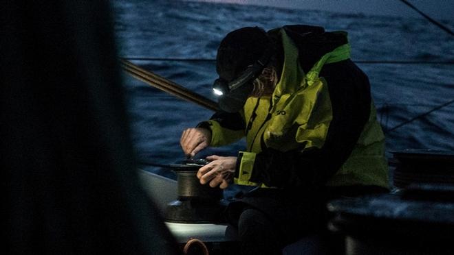 Leg 2, Lisbon to Cape Town, Abby Ehler fixing a winch at night on Team Brunel – Volvo Ocean Race ©  Rich Edwards / Volvo Ocean Race