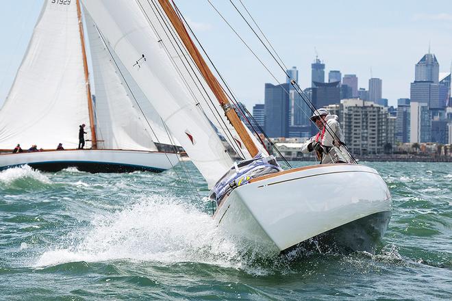 Ettrick skippered by Gordon Tait.  Important to get the last bit of the sail on. - Classic Yacht Association of Australia Cup Regatta © Alex McKinnon