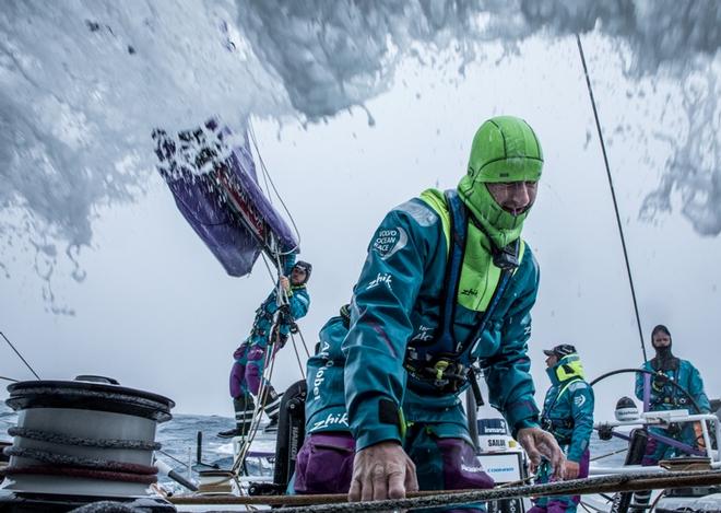 Day 16, Leg 2, Lisbon to Cape Town, on board AkzoNobel. Nicolai Sehested, Brad Farrand, Luke Molloy and Chris Nicolson- all focused on separate tasks with one goal. 20 November, 2017 – Volvo Ocean Race ©  James Blake / Volvo Ocean Race