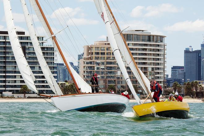 Windward II (Left) skippered  by Jim Woods and Dingo Skippered by Jim Hutchinson just after rounding R4 in race two. - Classic Yacht Association of Australia Cup Regatta © Alex McKinnon