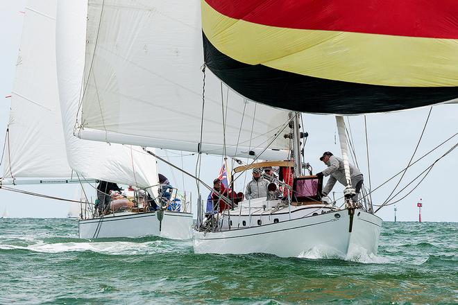 Fair Winds II skippered by Mark Chew working hard to keep in front of Mercedes II skippered by Martin Ryan. Fair Winds II was the winner of race three. - Classic Yacht Association of Australia Cup Regatta © Alex McKinnon