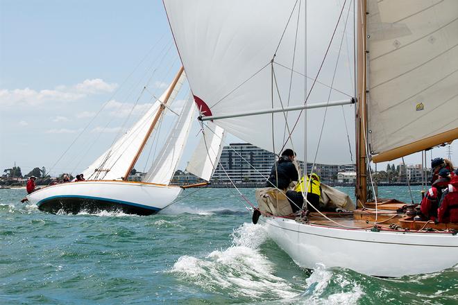 Frances skippered by Peter Johns heading downwind placing forth in race three. Windward II on the wind. - Classic Yacht Association of Australia Cup Regatta © Alex McKinnon