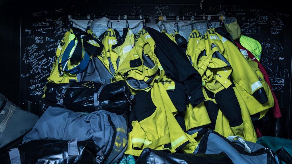 Leg 2, Lisbon to Cape Town, The foulies drying on board Brunel. Volvo Ocean Race. 09 November, 2017 ©  Rich Edwards / Volvo Ocean Race