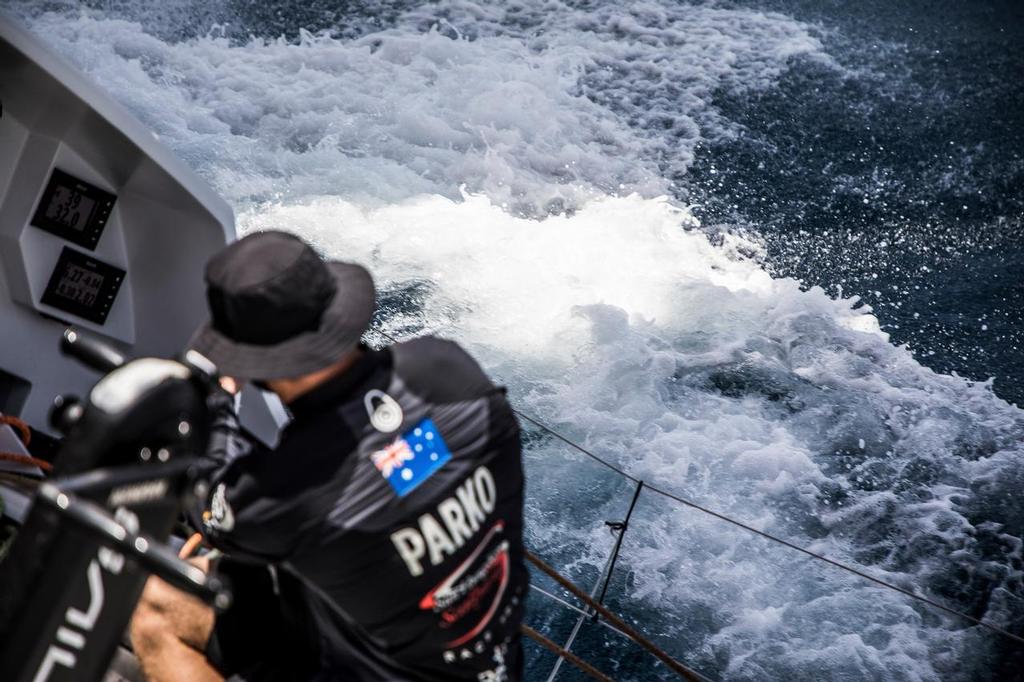 Leg 02, Lisbon to Cape Town, Day 9 Spray over the shoulder on board Sun Hung Kai/Scallywag. Volvo Ocean Race. 13 November, 2017. ©  Konrad Frost / Volvo Ocean Race