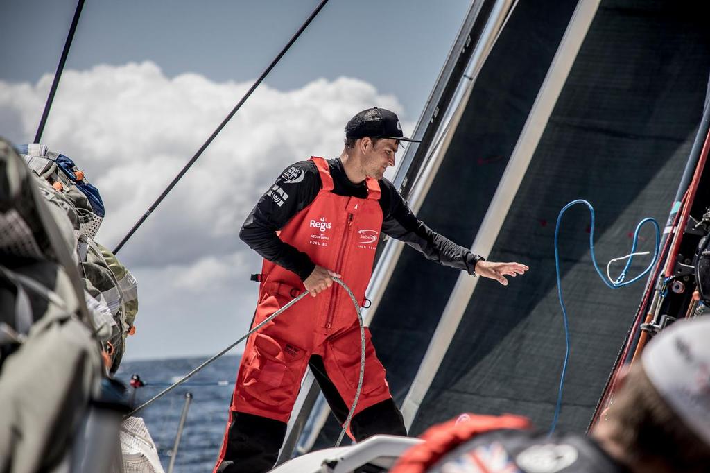 Leg 02, Lisbon to Cape Town, Day 9 Alex Gough running sheets on board Sun Hung Kai/Scallywag. Volvo Ocean Race. 13 November, 2017. ©  Konrad Frost / Volvo Ocean Race