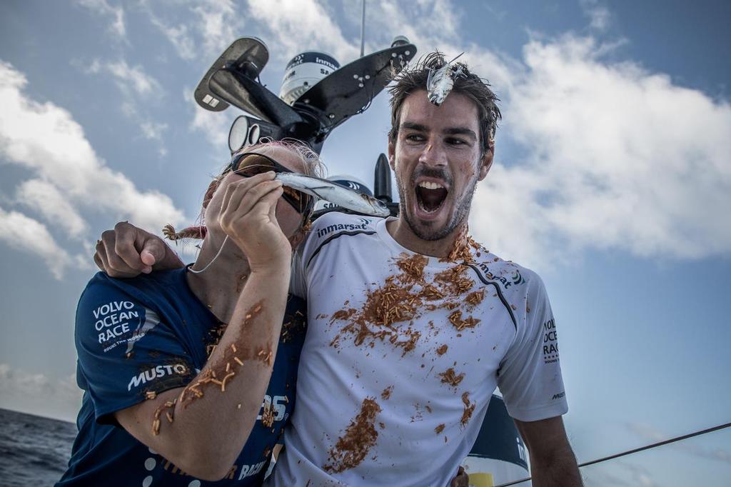 Leg 02, Lisbon to Cape Town, day 09, on board Vestas 11th Hour. Volvo Ocean race. 13 November, 2017. Jena and Martin happy to be alive after the meeting with King Neptune ©  Martin Keruzore / Volvo Ocean Race