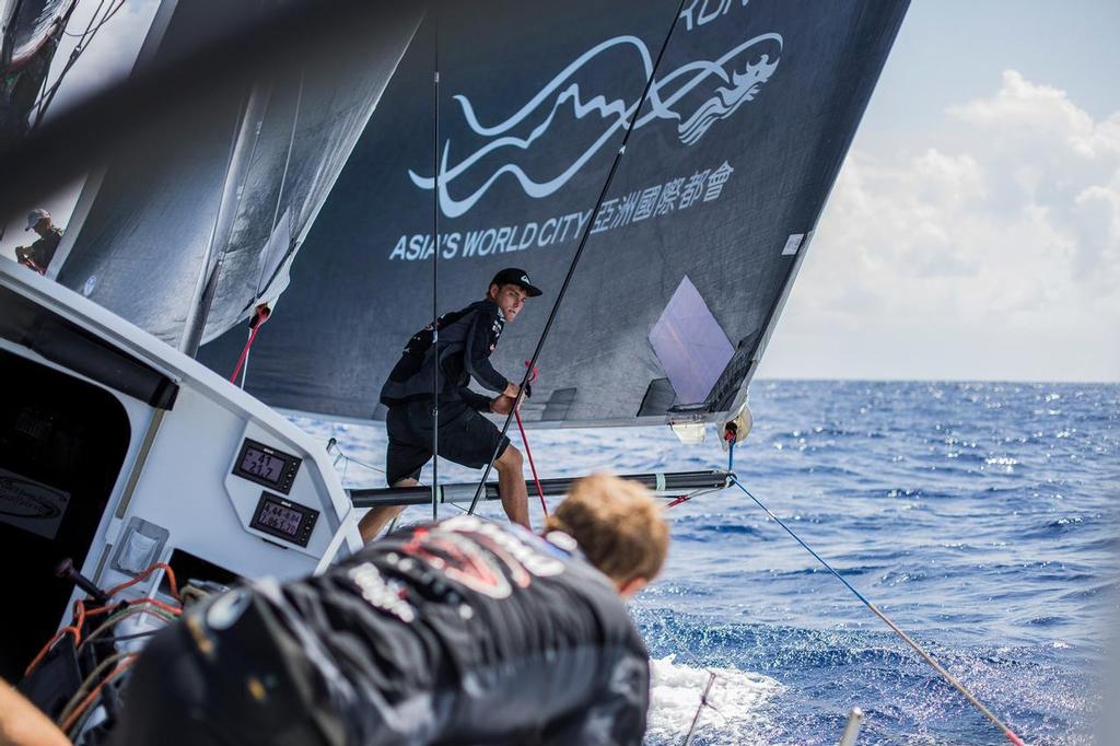 Leg 02, Lisbon to Cape Town, Day 10 Alex Gough running sheets on board Sun Hung Kai/Scallywag. Volvo Ocean Race. 14 November, 2017. ©  Konrad Frost / Volvo Ocean Race