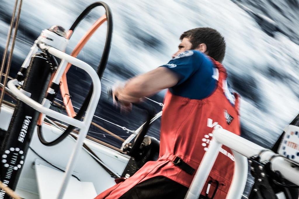 Leg 02, Lisbon to Cape Town, day 10, on board Vestas 11th Hour. high speed effect this afternoon. Fast trimming for Tom Johnson (TJ) before the night. Volvo Ocean Race. 14 November, 2017. ©  Martin Keruzore / Volvo Ocean Race