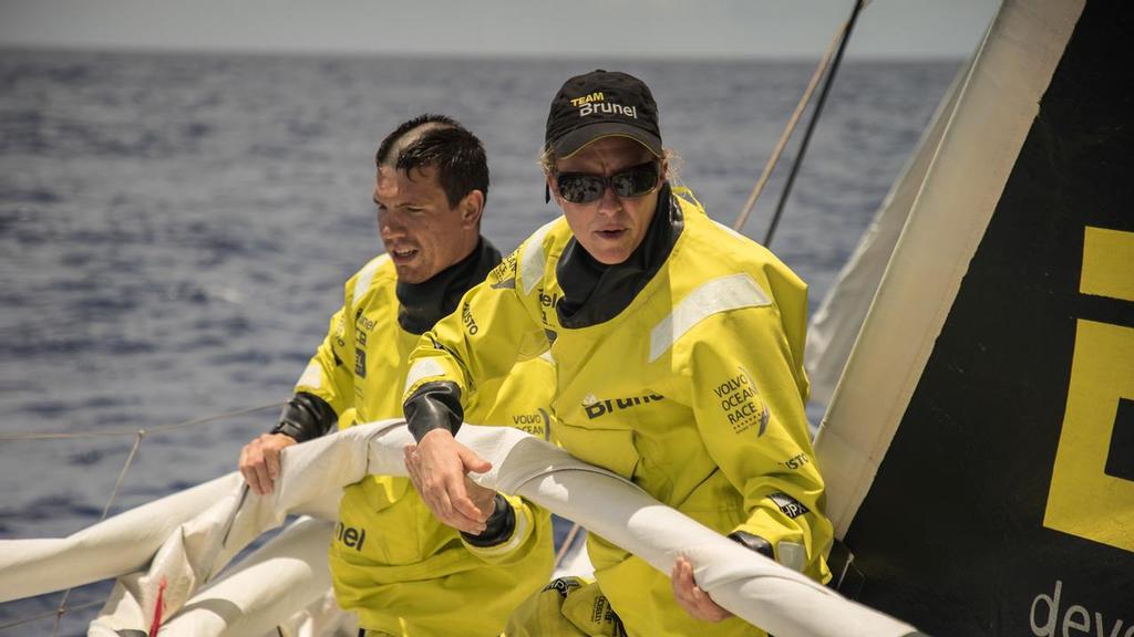 Leg 2, Day 10 Lisbon to Cape Town, Annie Lush and Carlo Huisman take down the sail. Volvo Ocean Race. 15 November, 2017 ©  Rich Edwards / Volvo Ocean Race