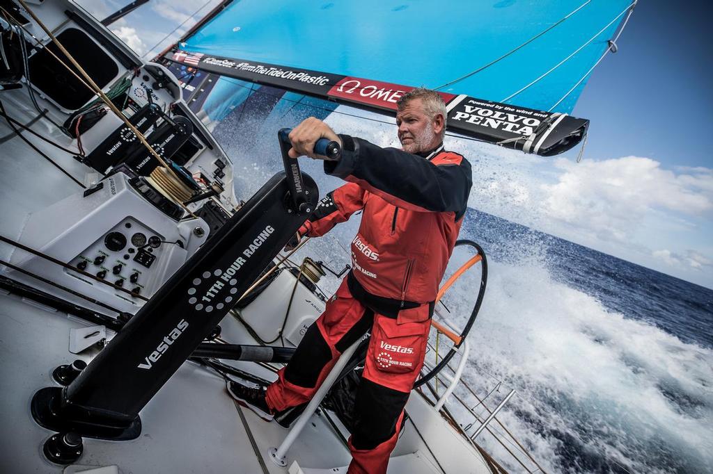 Leg 02, Lisbon to Cape Town, day 11, on board Vestas 11th Hour. Volvo Ocean Race. 15 November, 2017. The powerfull Tony grinding the main ©  Martin Keruzore / Volvo Ocean Race