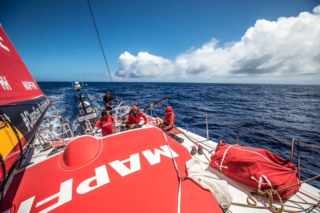 Leg 02, Lisbon to Cape Town, day 13, on board MAPFRE, Guillermo Altadill at the helm, the others, Joan vila, Rob Greenhalgh and Sophie Ciszek. Photo by Ugo Fonolla/Volvo Ocean Race. 17 November, 2017 photo copyright  Ugo Fonolla / Volvo Ocean Race taken at  and featuring the  class