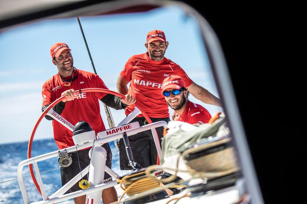 Leg 02, Lisbon to Cape Town, day 13, on board MAPFRE, Pablo Arrarte, Xabi Fernandez and Blair Tuke laughing. Photo by Ugo Fonolla/Volvo Ocean Race. 17 November, 2017 ©  Ugo Fonolla / Volvo Ocean Race