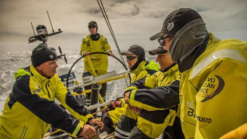 Leg 2, Day 15, Lisbon to Cape Town, Bouiwe holds a brief meeting on deck at watch changeover, Photo by Rich Edwards/Volvo Ocean Race. 19 November, 2017 ©  Rich Edwards / Volvo Ocean Race