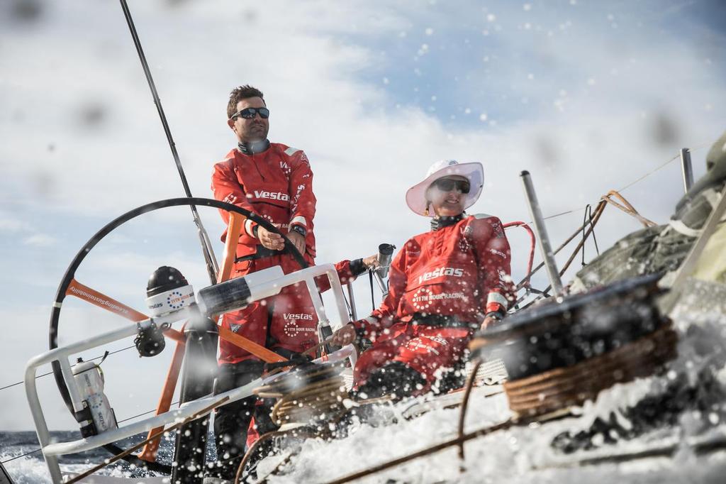 Leg 02, Lisbon to Cape Town, day 15, on board Vestas 11th Hour. Photo by Martin Keruzore/Volvo Ocean Race. 19 November, 2017. Charlie Enright and  Jena Mai Hansen enoying the ride. © Volvo Ocean Race http://www.volvooceanrace.com