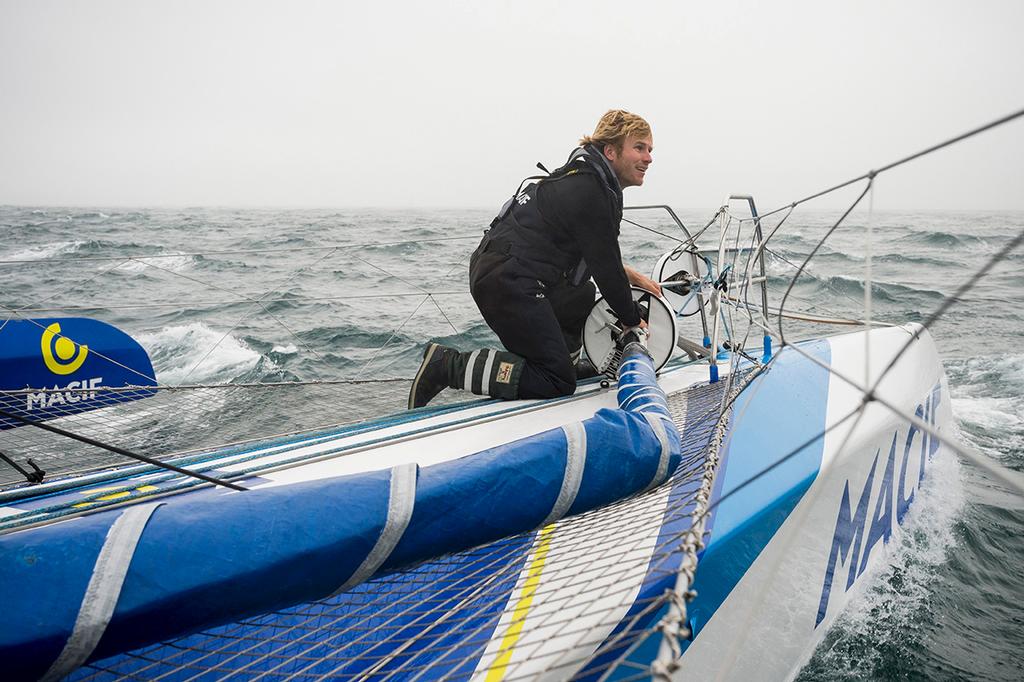 Sailing onboard maxi trimaran MACIF with skipper Francois Gabart, during training off Port la Foret, South Brittany, on October 8th, 2017 ©  Vincent Curutchet / ALeA / Macif