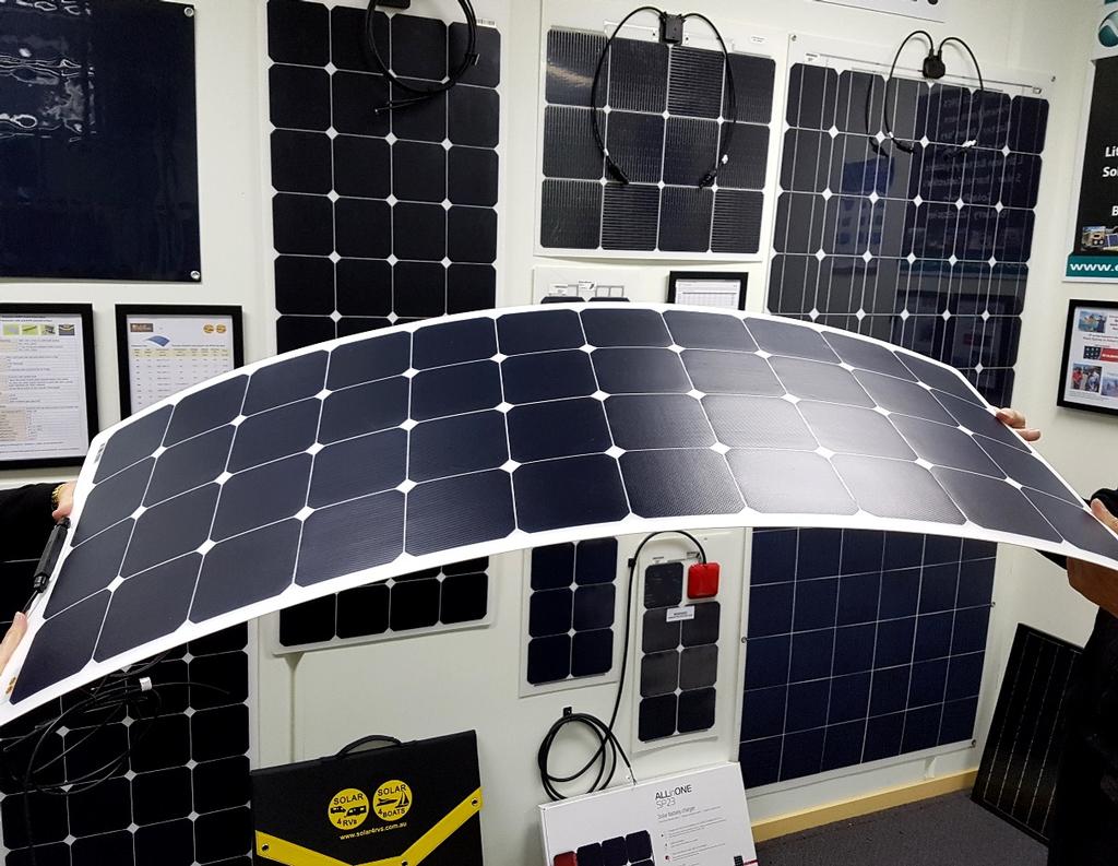Solar 4 RVs / Solar 4 Boats showroom displays thin, lightweight flexible marine solar panels photo copyright Trish Chapallaz taken at  and featuring the  class