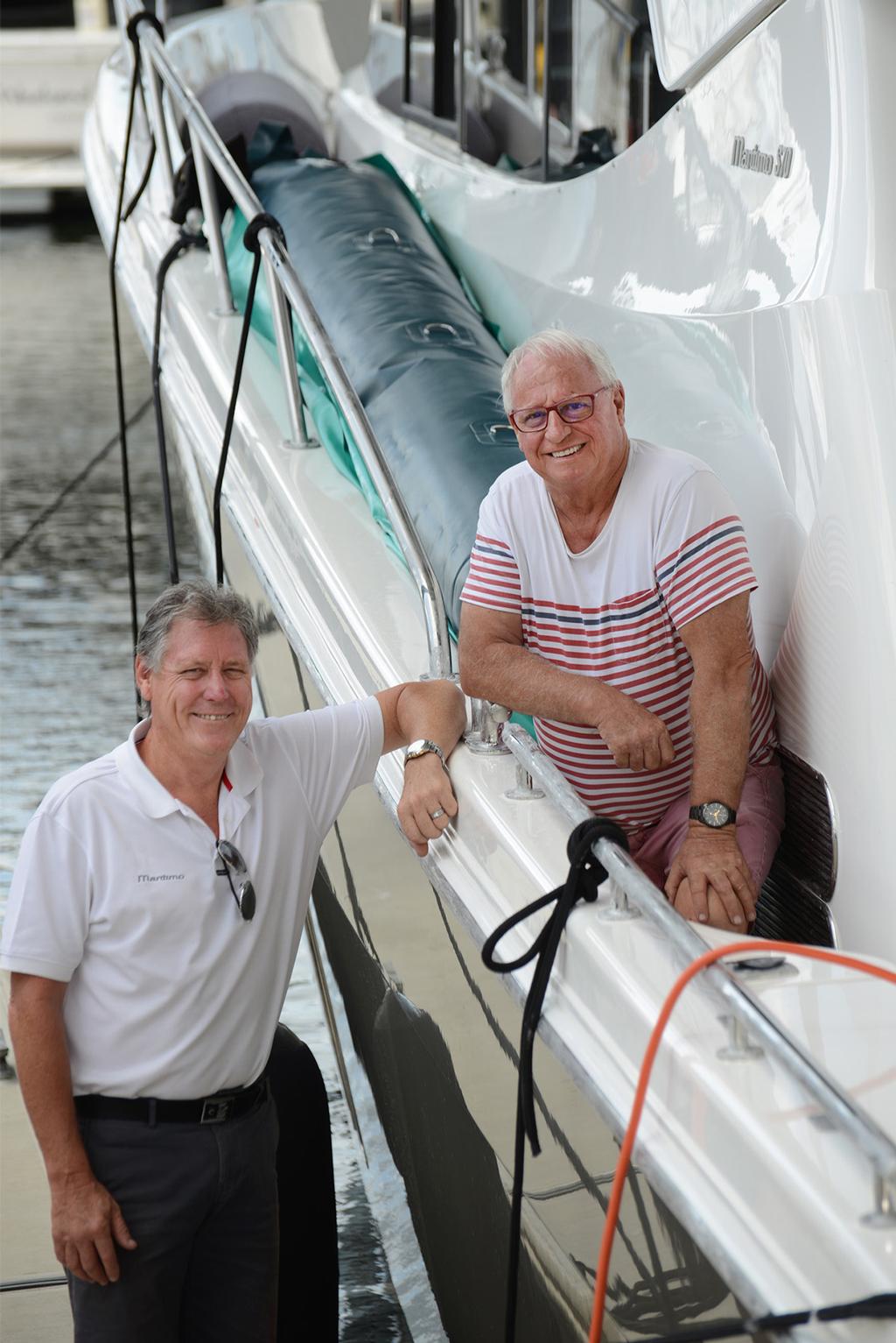 Captain Russell Flemming (glasses) on board the S70 with Maritimo's Graig Jones as fuel bladders were fitted and the vessel was made ready for the crossing at Maritimo's Boatmasters facility, Hope Island. © Promedia