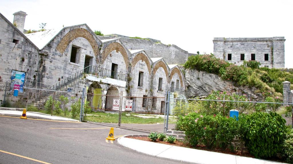 These buildings were left out of the upgrade plans for the waterfront at the Royal Dockyard and were gated and chained off. © Richard Gladwell www.photosport.co.nz