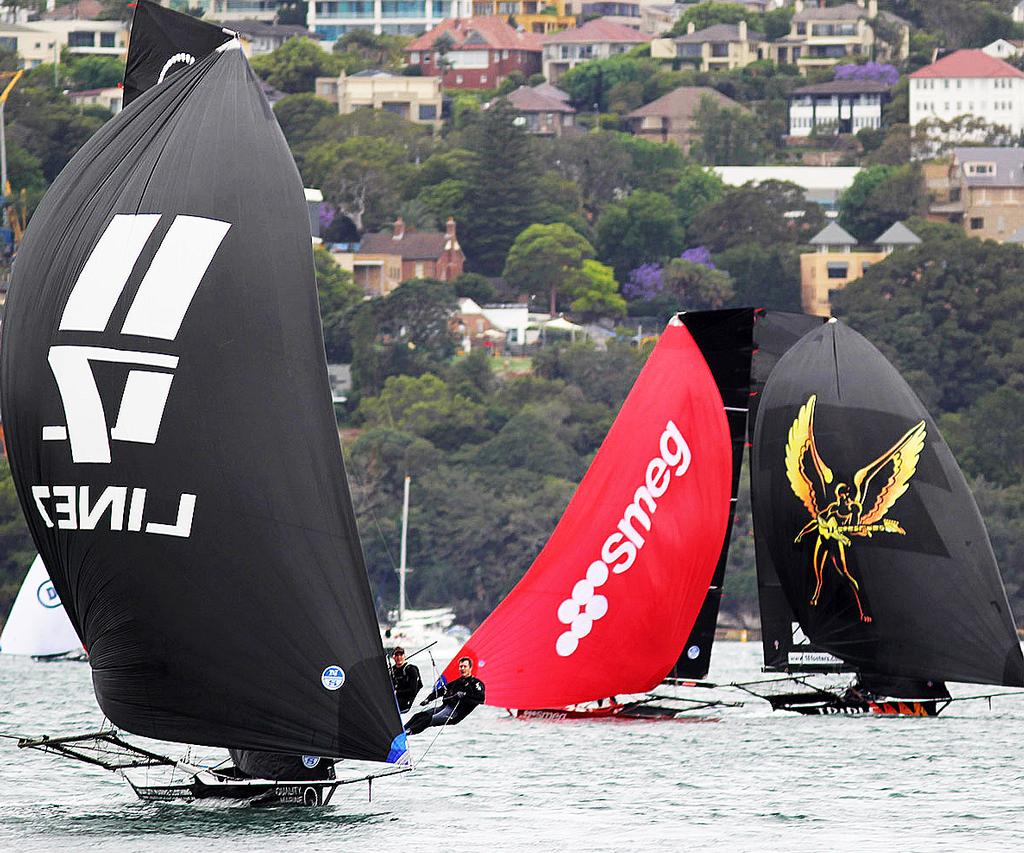 Quality Marine Clothing leads the fleet to the wing mark on the first lap - 18ft Skiffs - Spring Championship 2017 photo copyright 18footers.com taken at  and featuring the  class