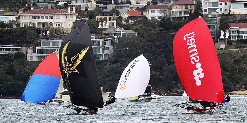 The race for second position down the first spinnaker run - 18ft Skiffs - Spring Championship 2017 photo copyright 18footers.com taken at  and featuring the  class