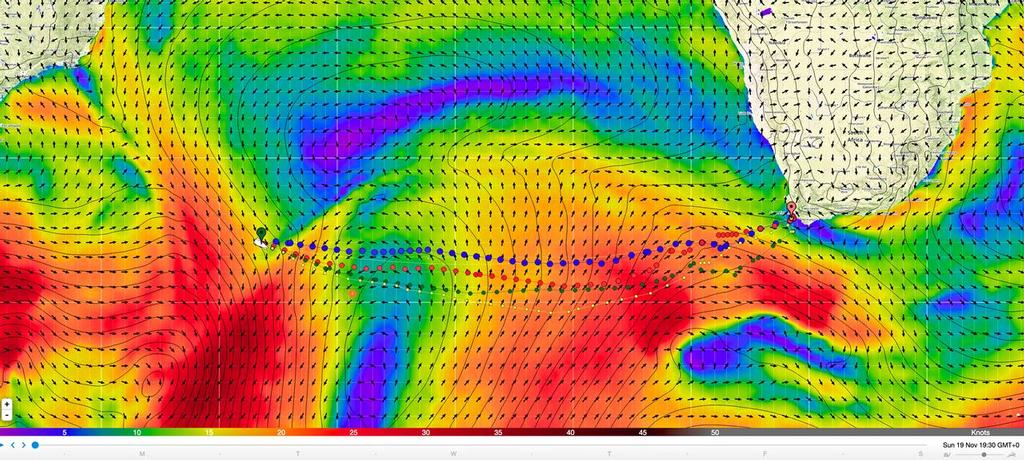 Volvo Ocean Race - Leg 2 1900UTC - PWG - the blue dotted course is the shortest, fastest and most likely option at this stage. © PredictWind http://www.predictwind.com