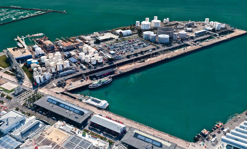 Several proposals for the 2021 America&rsquo;s Cup have bases nestled into the hideous backdrop of the Silo City on Wynyard Point. One proposal has three bases in a location extending from the inside left corner of Wynyard Point near the car ferry berth, to beyond halfway up the carpark on the Point and extending over the water. photo copyright Google Earth taken at  and featuring the  class