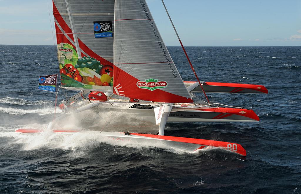 Lionel Lemonchois Ã  bord du trimaran Prince de Bretagne en entrainement le 17 Septembre 2015 © Transat Jacques Vabre