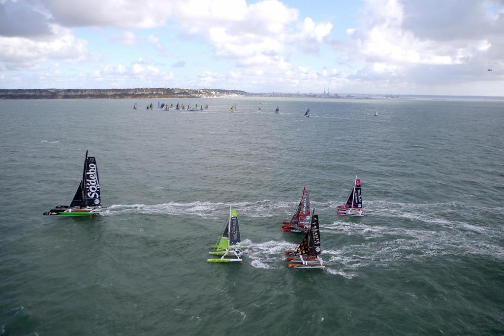 Multihulls during start of the Transat Jacques Vabre 2017, duo sailing race from Le Havre (FRA) to Salvador de Bahia (BRA) in Le Havre on November 5th, 2017 © Jean-Marie Liot / ALeA / TJV17