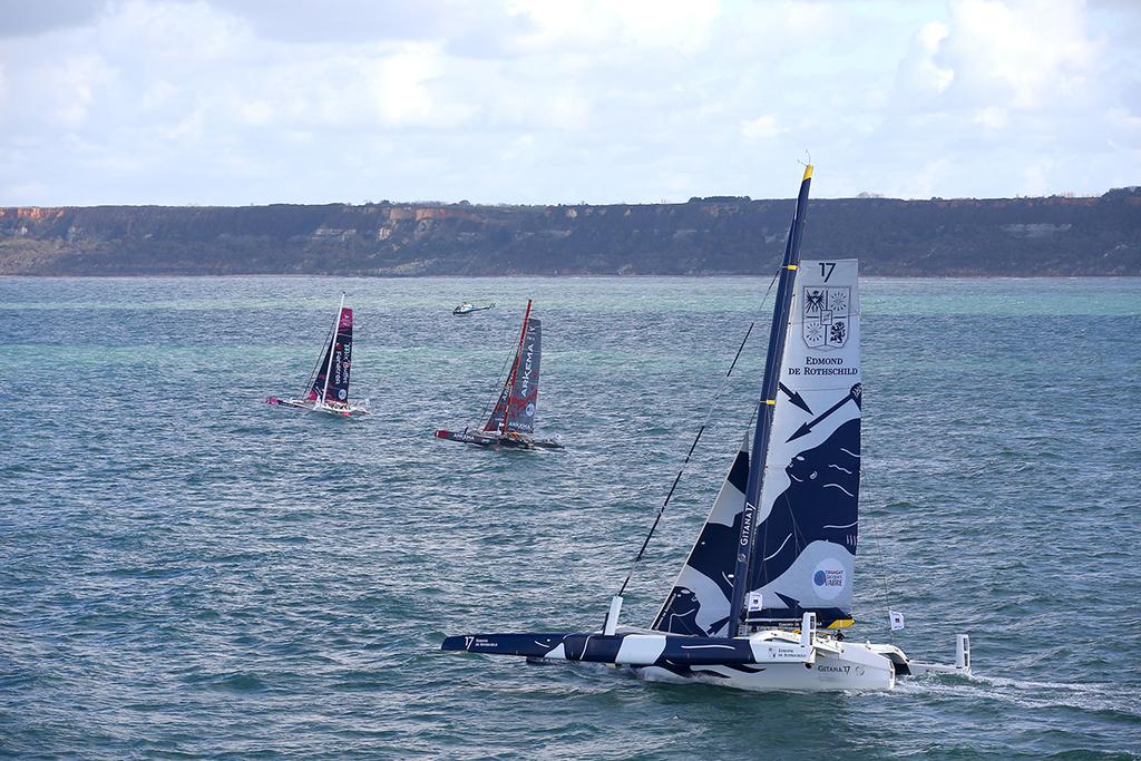 Maxi Edmond de Rothschild, skippers Sebastien Josse and Thomas Rouxel, during start of the Transat Jacques Vabre 2017, duo sailing race from Le Havre (FRA) to Salvador de Bahia (BRA) in Le Havre on November 5th, 2017 © Jean-Marie Liot / ALeA / TJV17