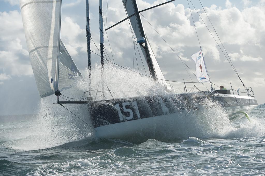 Aina Enfance & Avenir, skippers Aymeric Chappellier and Arthur Le Vaillant during Start of the Transat Jacques Vabre 2017, duo sailing race from Le Havre (FRA) to Salvador de Bahia (BRA) in Le Havre on November 5th, 2017 ©  Jean-Louis Carli / ALeA / TJV17