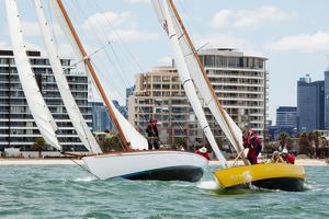 Windward II (Left) skippered  by Jim Woods and Dingo Skippered by Jim Hutchinson just after rounding R4 in race two. - Classic Yacht Association of Australia Cup Regatta photo copyright Alex McKinnon taken at  and featuring the  class
