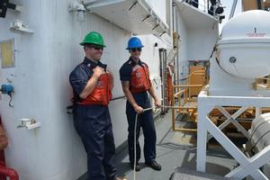 Seaman Brandon Gannon instructs embedded media reporter Blair Miller on line handling, Wednesday, Oct. 10, 2017. Coast Guard cutter Active has a crew complement of about 75. photo copyright Petty Officer 3rd Class Nicole J. Groll taken at  and featuring the  class