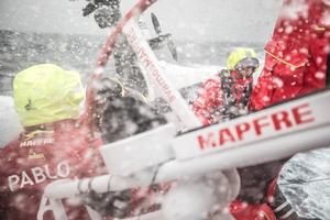 Day 17, Leg 2, Lisbon to Cape Town, on board MAPFRE, Sophie Ciszek at the stern holding the main sheet, Pablo Arrarte backwards to the splashing water. 21 November, 2017 – Volvo Ocean Race photo copyright  Ugo Fonolla / Volvo Ocean Race taken at  and featuring the  class