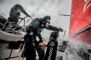 Day 16, Leg 2, Lisbon to Cape Town, afternoon on board Dongfeng. Jacuzi times for Horace while grinding. 20 November, 2017 – Volvo Ocean Race photo copyright  Jeremie Lecaudey / Volvo Ocean Race taken at  and featuring the  class