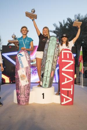 Day 5 – Women's podium – From left: Elena Kalinina, Daniela Moroz and Alexia Fancelli – Formula Kite World Championships Oman photo copyright  Toby Bromwich taken at  and featuring the  class